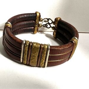 Vintage Leather & Mixed Metal Wide Cuff Bracelet Edgy Biker Hippie Festival
